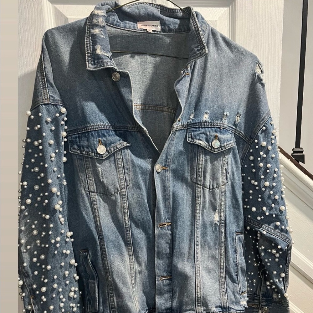 Blue Denim Jacket with Pearl Embellishments